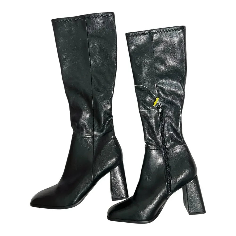 Steve Madden Sz 8.5 M Livah Women's Boots Knee High Square Toe Black Block Heel - Picture 2 of 9